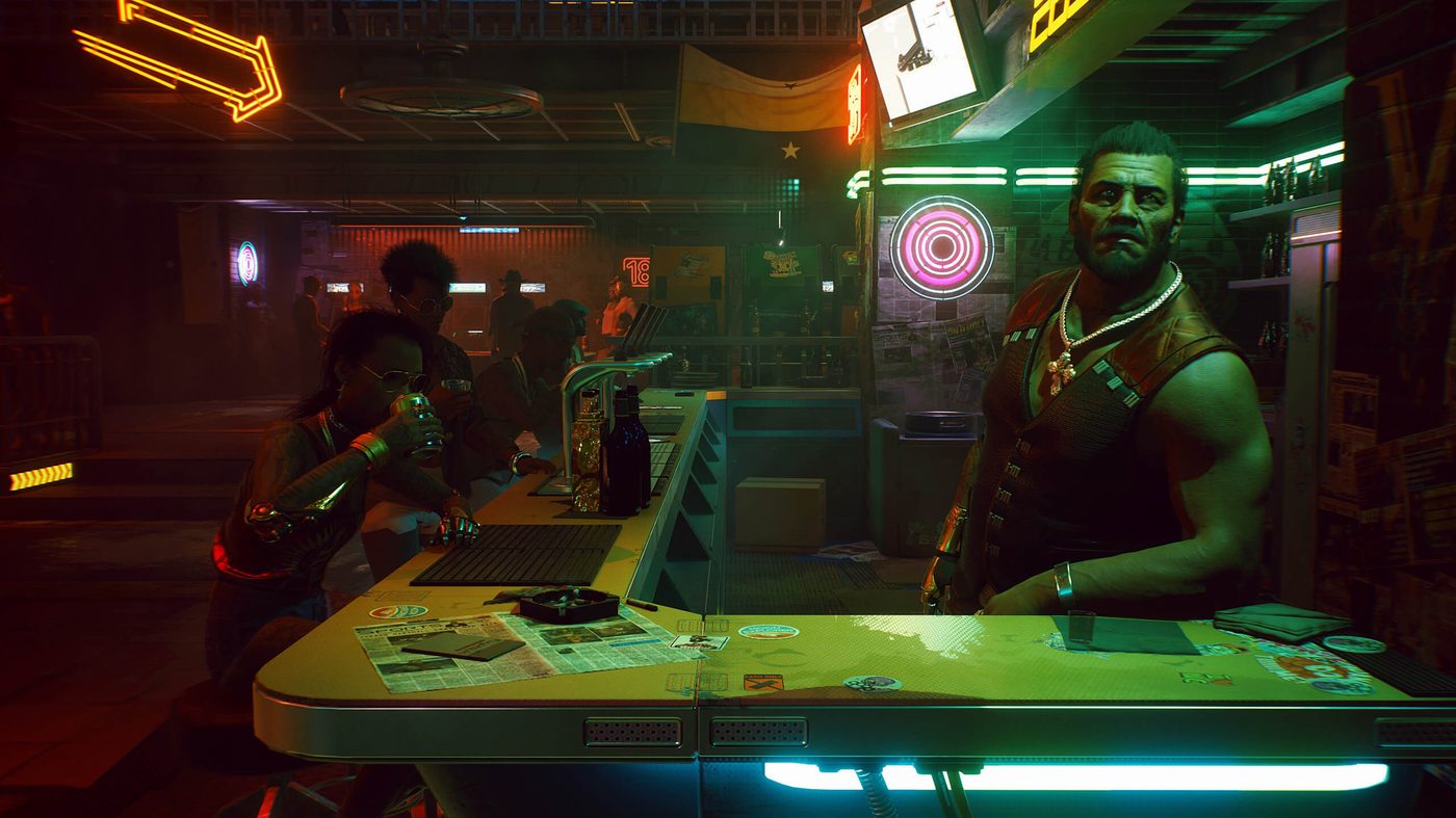 A group of characters together in a neon-lit Night City scene