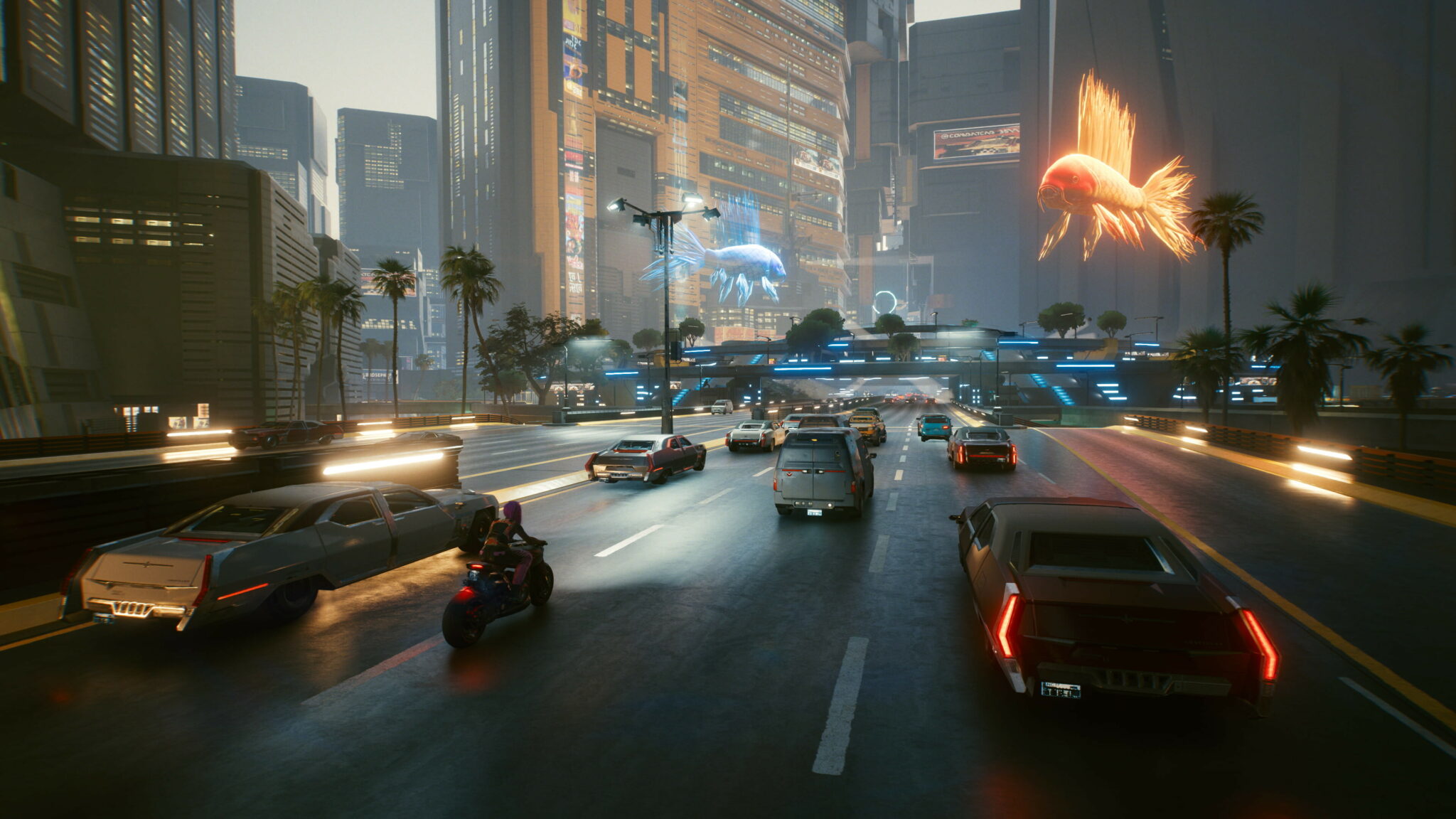 A sports car speeding through neon-lit Night City streets