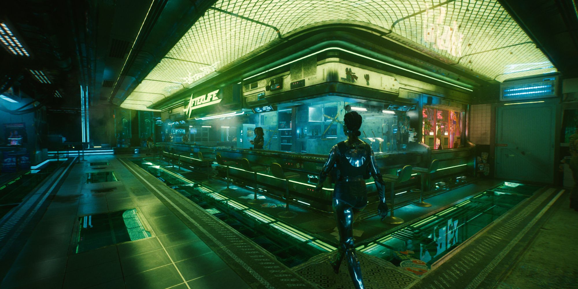 A moody Cyberpunk 2077 bar interior, characters mid-conversation