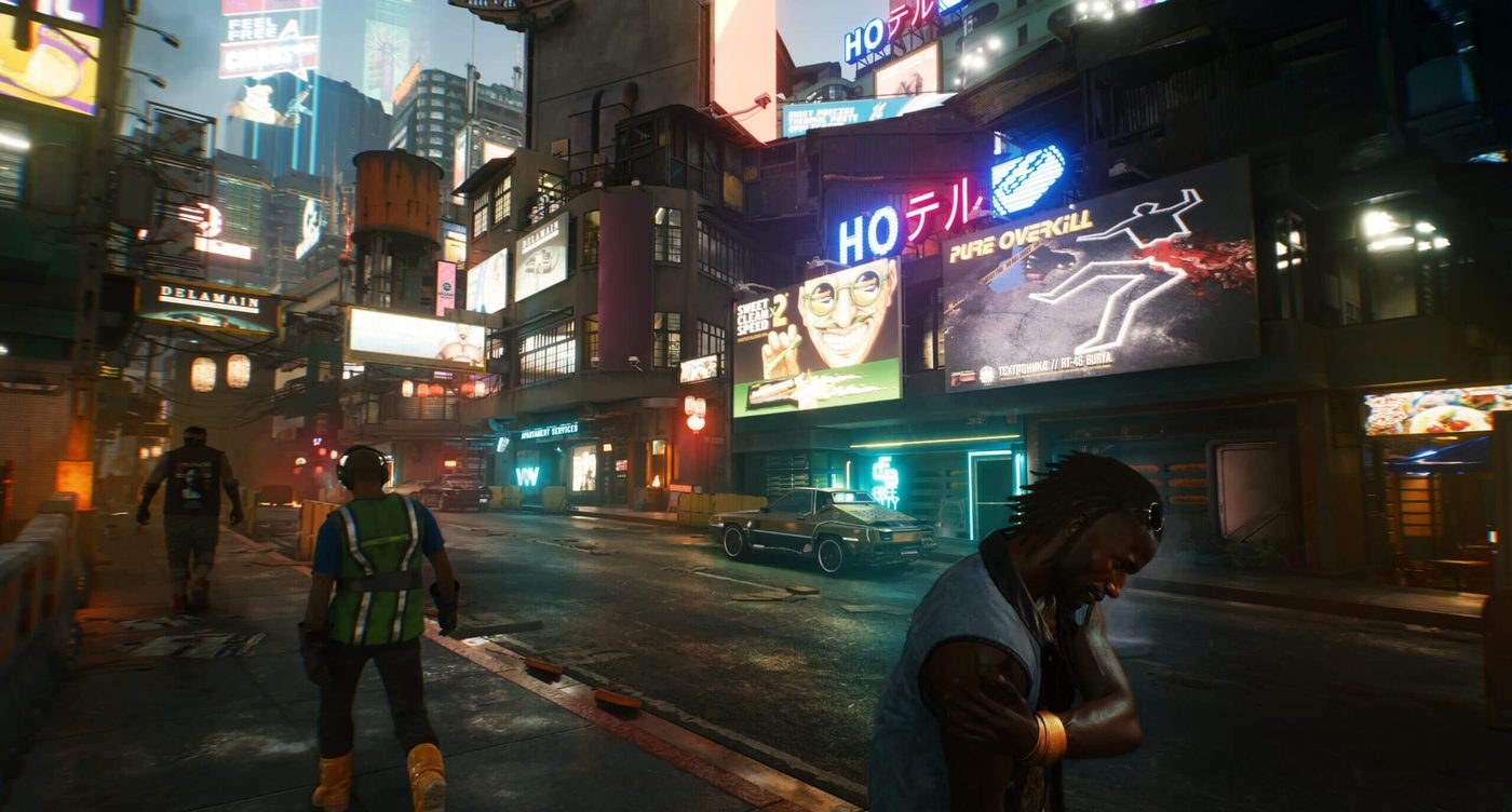 A neon-lit Night City street scene from Cyberpunk 2077, crowded with people